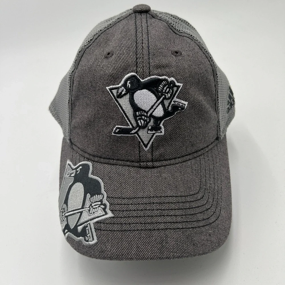 Adidas Pittsburgh Penguins NHL Trucker Hat Gray Snapback Mesh Cap OSFA NEW‎